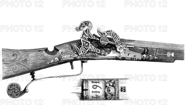 A flintlock fowling rifle of Prince Charles. son of James I. 1614. from the book The British Army. 1868. Historical. digitally restored reproduction from a 19th-century original