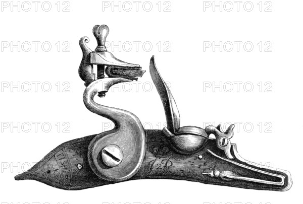 Regulation lock. flintlock. rifle from the 17th century. from the book The British Army. 1868. Historical. digitally restored reproduction from a 19th-century original