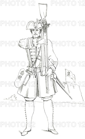 Foot soldier with weapons. England. 1745. from the book The British Army. 1868. Historical. digitally restored reproduction from a 19th-century original