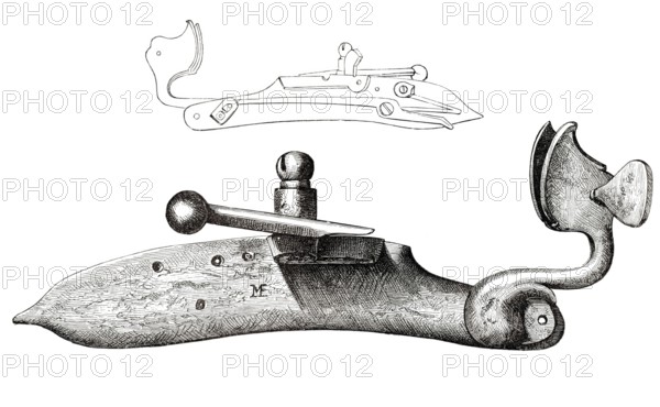 A 17th-century matchlock. A mechanism or lock for firing a handgun. From the book *The British Army*. 1868. Historical. digitally restored reproduction from a 19th-century original
