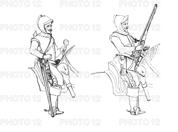 The marching stance of the arquebusier riders. Harquebusiers with snap-hance carbines. dated 1632. from the book *The British Army*. 1868. Historical. digitally restored reproduction from a 19th-century original