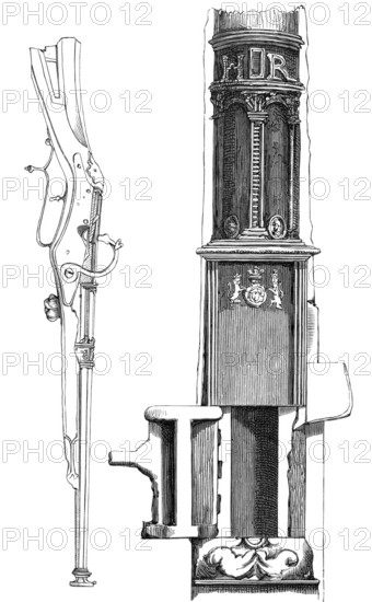 A breech-loading harquebus. hook gun or arquebus. with a movable cartridge chamber from 1537. from the book The British Army. 1868. Historical. digitally restored reproduction from a 19th-century original