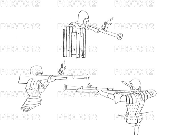 Early firearms around 1472. from the book The British Army. 1868. Historical. digitally restored reproduction from a 19th-century original