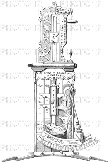 Tangential sight for an English cannon. manufactured in 1609. from the book The British Army. 1868. Historical. digitally restored reproduction from a 19th-century original