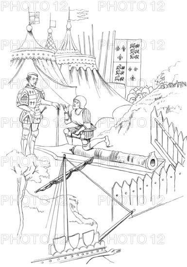 Illustration of a chamber being inserted into the breech of a cannon. from a 15th-century manuscript. from the book The British Army. 1868. Historical. digitally restored reproduction from a 19th-century original
