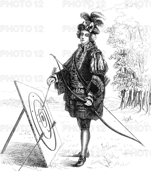 Scottish nobleman. allegedly Lord Elcho. in the uniform of the Royal Archer Guard of Scotland. Scotland. circa 1713. from the book The British Army. 1868. Historical. digitally restored reproduction from a 19th-century original