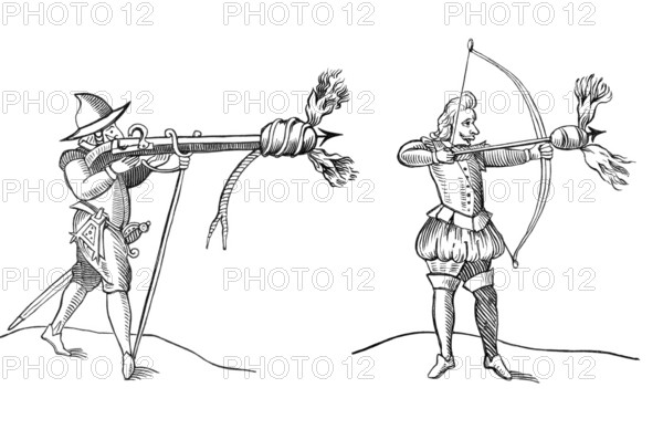 Fireworks by Gonnes and Bowes. Firing fireworks or incendiary bombs with a rifle and a bow. 1643. England. Historical. digitally restored reproduction from a 19th-century original