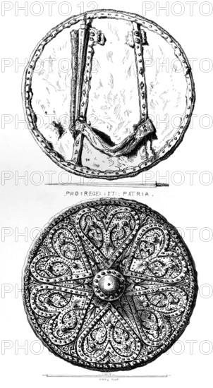 Highland Target or Targe. a medium-sized shield of the late Middle Ages or Early Modern period. with spikes. from the book The British Army. 1868. Historical. digitally restored reproduction from a 19th-century original