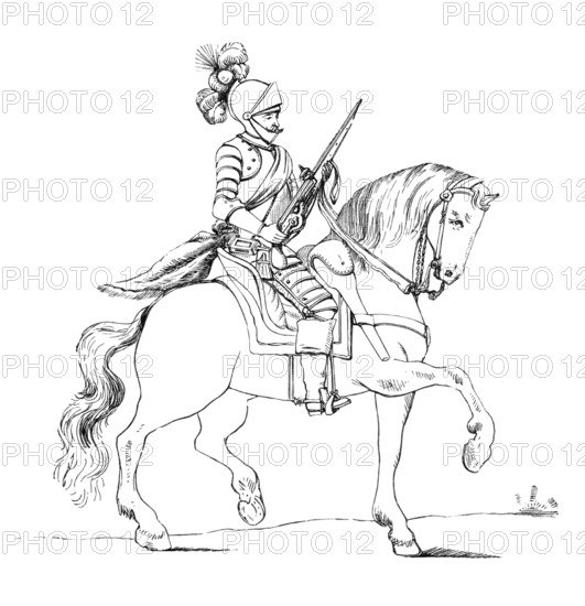 A 17th-century cuirassier during a pistol drill. England. from the book The British Army. 1868. Historical. digitally restored reproduction from a 19th-century original
