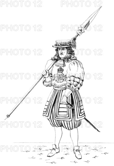 Sergeant. around 1687. England. from the book The British Army. 1868. Historical. digitally restored reproduction from a 19th-century original