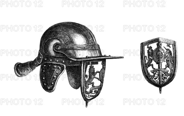 Cap of King James II with cheek pieces and openwork steel visor depicting the royal coat of arms. including thistles. from the book The British Army. 1868. Historical. digitally restored reproduction from a 19th-century original