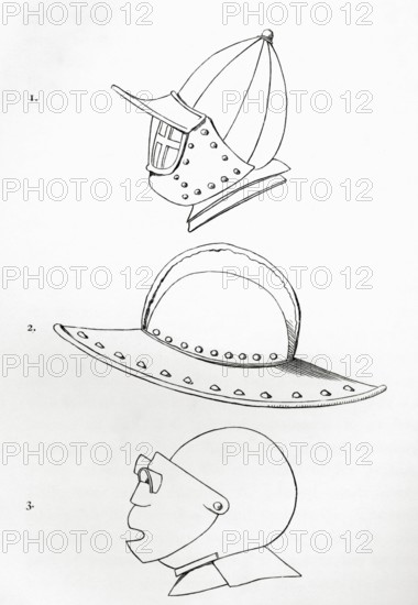 Helmets: 1. Incomplete visor helmet. The visor opens via a hinge on the forehead. 2. Lancer's pot helmet. circa 1620. 3. Helmet with a two-piece visor and semicircular viewing openings. circa 1600. from the book *The British Army*. 1868. Historical. digitally restored reproduction from a 19th-century model