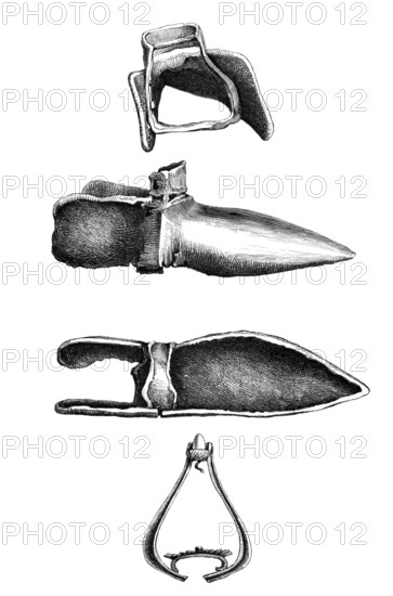 Stirrup and iron shoe. also soleret. armored shoe. Bärlatsch. 14th century. from the book The British Army. 1868. Historical. digitally restored reproduction from a 19th-century original