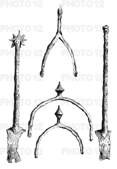 Spurs from around 1460 from the Tower Collection. from the book The British Army. 1868. Historical. digitally restored reproduction from a 19th-century original