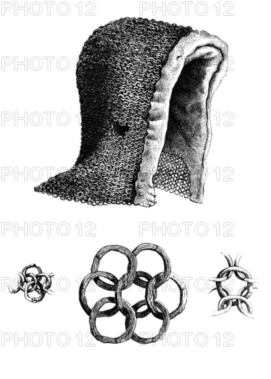 Chainmail coif and example of an interlocking chainmail. circa 1120 AD. from the book The British Army. 1868. Historical. digitally restored reproduction from a 19th-century original