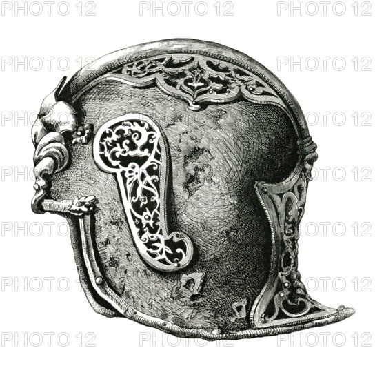 A sallet. also called a salade or sallet war helmet. a late medieval helmet type that evolved in the first half of the 15th century from the so-called iron hat 1450 AD. from the book The British Army. 1868. historical. digitally restored reproduction from a 19th-century model