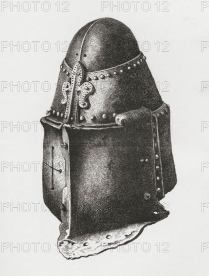 Helmet circa 1350. similar to that of the Black Prince in Canterbury Cathedral. but with the Piéce de Renfort on the left side. from the book The British Army. 1868. Historical. digitally restored reproduction from a 19th-century original