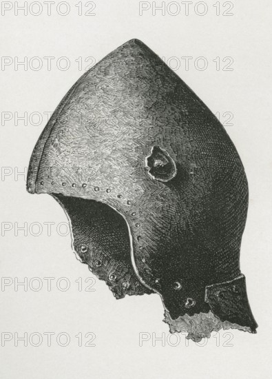 Bassinet with screw cap for the ventail. said to have belonged to Guy Earl of Warwick. around 1460. from the book The British Army. 1868. Historical. digitally restored reproduction from a 19th-century original