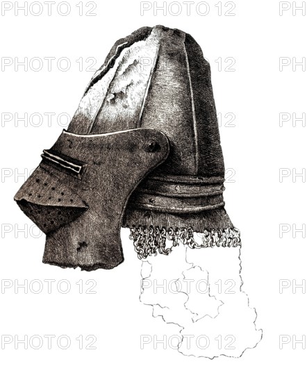 14th century. Visored Bassinet. almost spherical. with a camouflage pattern attached. from Warwick Castle. from the book The British Army. 1868. Historical. digitally restored reproduction from a 19th century original