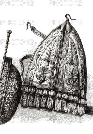 An Elizabethan sword belt for a rapier. known as a carriage or frog. from the book The British Army. 1868. Historical. digitally restored reproduction from a 19th-century original