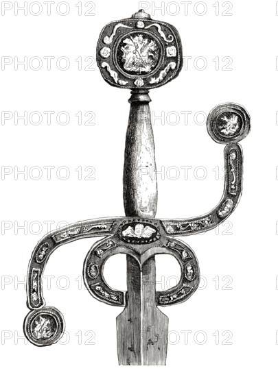 An English sword. circa 1580. with a very rare flat pommel and curved S-shaped grip. inlaid with silver. The pommel and the ends of the grip are inlaid with silver medallions depicting Saint George and the Dragon. From the book *The British Army*. 1868. Historical. digitally restored reproduction from a 19th-century original