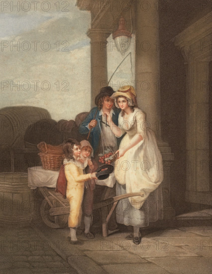 Young woman selling fresh cherries to children and a coachman. fruit seller. market. England. around 1790. painting by Francis Wheatley (1747 - 1801). English painter. historical. digitally restored reproduction from an original from the 19th century