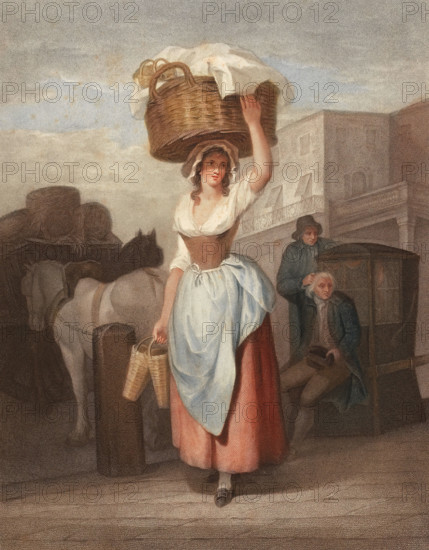 Young woman. trader with a large basket on her head. on her way to the market. England. around 1790. painting by Francis Wheatley (1747 - 1801). English painter. historical. digitally restored reproduction from an original from the 19th century
