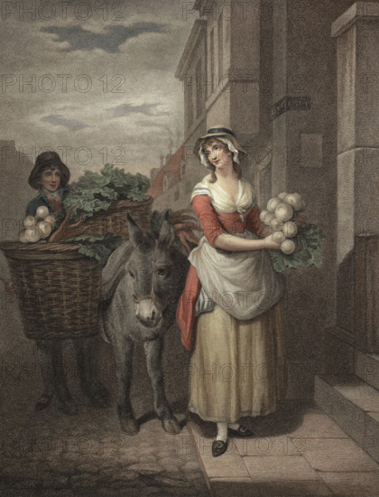 Young woman. a greengrocer with turnips and carrots in a basket on a pack donkey. goes from house to house offering her wares. England. around 1790. painting by Francis Wheatley (1747 - 1801). English painter. historical. digitally restored reproduction from an original from the 19th century