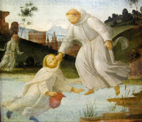 From the Benedictine Legend: Maurus. commissioned by Benedict. saves Placidus from drowning. Painting by Bartolomeo di Giovanni. 1488. Historical. digitally restored reproduction from a 19th-century original