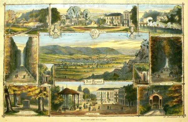 View of Bad Pyrmont around 1850. Historic. Lower Saxony. Germany. digitally restored reproduction from a 19th-century original