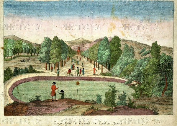 View of Bad Pyrmont. the promenade around 1880. Lower Saxony. Germany. Historical. digitally restored reproduction from an original from the 19th century