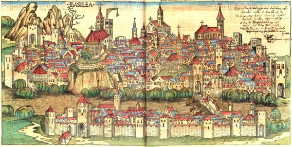 View of the city of Basel from the Schedel World Chronicle. 1495. Switzerland. Historical. digitally restored reproduction from a 19th-century original