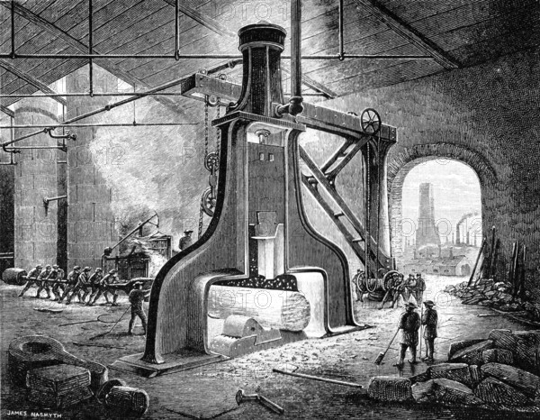 Steam hammer for forging a ship's propeller. invented by James Nasmyth. Scotland. Historical. digitally restored reproduction from a 19th-century model