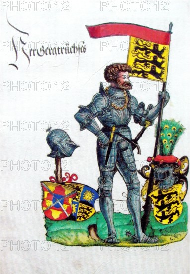 George III Truchseß von Waldburg (born 25 January 1488 in Waldsee. died 29 May 1531 in Stuttgart) was a German military leader. also known as Bauernjörg. and the most famous representative of the House of Waldburg in the 16th century. here in a colored woodcut by Hans Burgkmair the Elder. historical. digitally restored reproduction from a 19th-century original