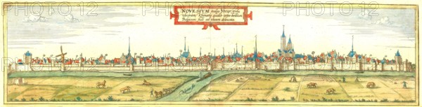 The city of Neuss before the war in 1586. North Rhine-Westphalia. Germany. Historical. digitally restored reproduction from an original from the 19th century