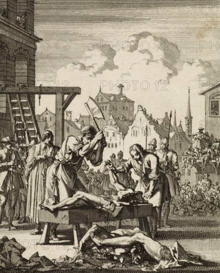 Execution of Sir Thomas Armstrong (born c. 1633 in Nijmegen. died June 20. 1684 in London). English officer and politician. sentenced to death by hanging. disemboweling. and quartering and executed on June 20. 1684. His head was impaled on Westminster Hall. three of his body parts were exhibited in London. and a fourth in Stafford. Historical. digitally restored reproduction from a 19th-century original
