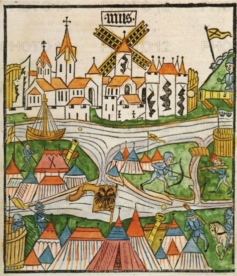 The Siege of Neuss lasted from July 29. 1474. until the end of May 1475. It was a central part of the Cologne Diocesan Feud and the Burgundian Wars. North Rhine-Westphalia. Germany. Historical. digitally restored reproduction from a 19th-century original