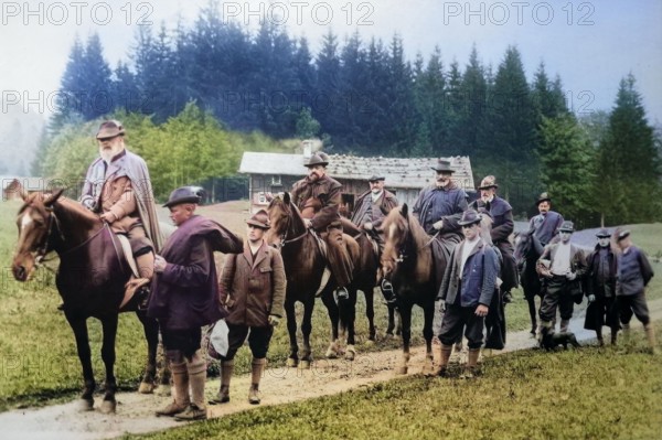 Luitpold Karl Joseph Wilhelm of Bavaria (born 12 March 1821 in Würzburg. died 12 December 1912 in Munich) was Prince Regent of the Kingdom of Bavaria from 1886 until his death. here with a hunting party on horseback. historical. digitally restored reproduction from a 19th-century original
