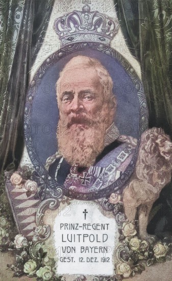Luitpold Karl Joseph Wilhelm of Bavaria (born 12 March 1821 in Würzburg. died 12 December 1912 in Munich) was Prince Regent of the Kingdom of Bavaria from 1886 until his death. Mourning postcard after his death. Historical. digitally restored reproduction of a 19th-century original