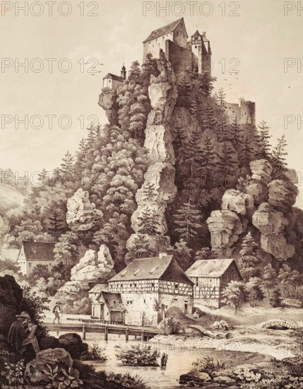 Rabeneck Castle around 1840. a high medieval aristocratic castle. above the Wiesent Valley in Franconian Switzerland. Upper Franconia. Bavaria. Germany. Historical. digitally restored reproduction from a 19th-century original