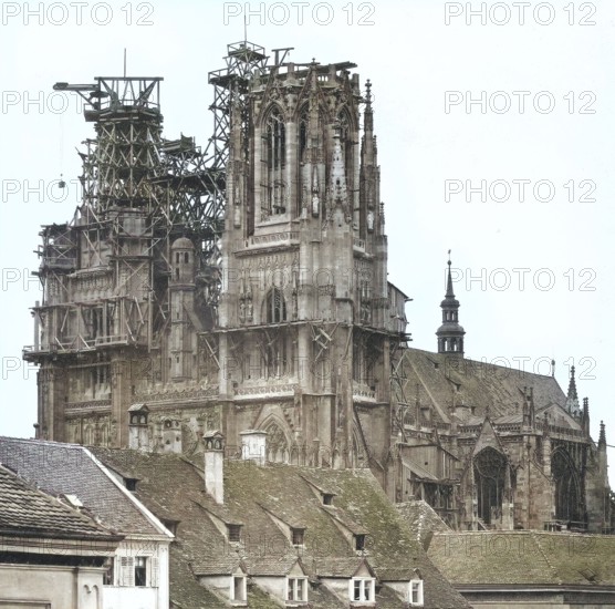 Regensburg Cathedral. construction site. erection of the towers in 1865. Bavaria. Germany. historical. digitally restored reproduction from a 19th-century original