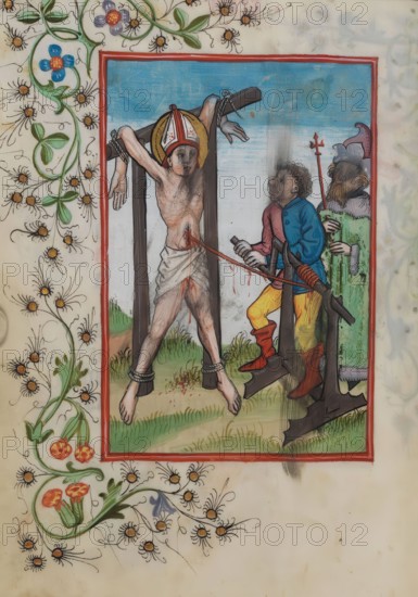 Martyrdom of Saint Erasmus. Elmo or Ermo (born c. 240 in Antioch. died 303 in Formia). was a bishop and martyr who died by torture. including disemboweling. He is venerated as a saint in the Roman Catholic Church. Historical. digitally restored reproduction from a 19th-century original