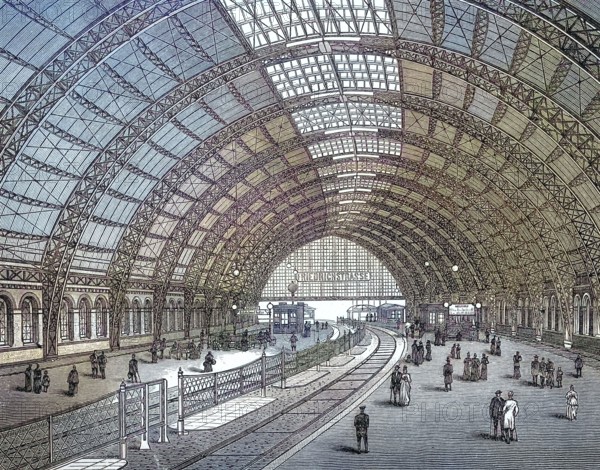The hall of the Friedrichstraße station. Berlin. around 1895. Germany. digitally restored reproduction of an old original. historical. exact date unknown