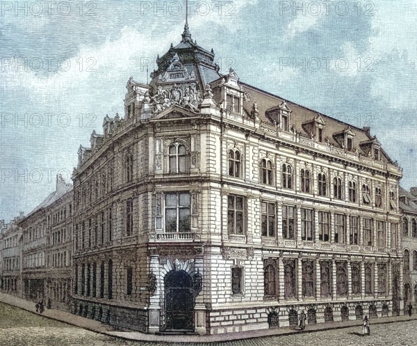 The Bayerische Vereinsbank in Munich. around 1880. Germany. digitally restored reproduction of an old original. historical. exact date unknown