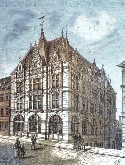 Bohemian Union Bank in Reichenberg in Bohemia in 1880. Germany. today Liberec. Czech Republic. digitally restored reproduction of an old original. historical. exact date unknown