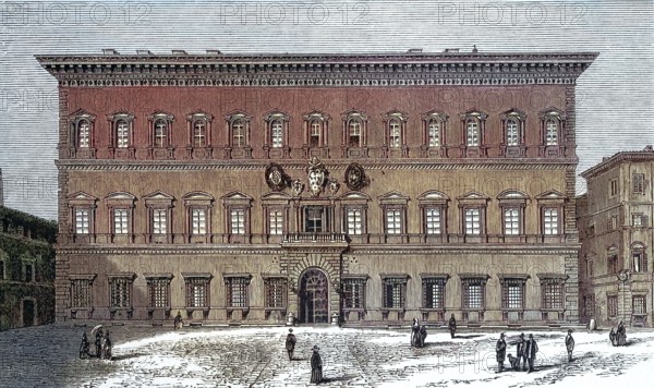 Palazzo Farnese. around 1850. in the Regola district on Piazza Farnese in Rome. Italy. digitally restored reproduction of an old original. historical. exact date unknown