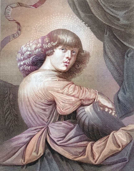 Angel playing a guitar. a boy with curly hair looks at the viewer. in a colorful robe. after a painting by Melozzo da Forli. digitally restored reproduction of an old original. historical. exact date unknown