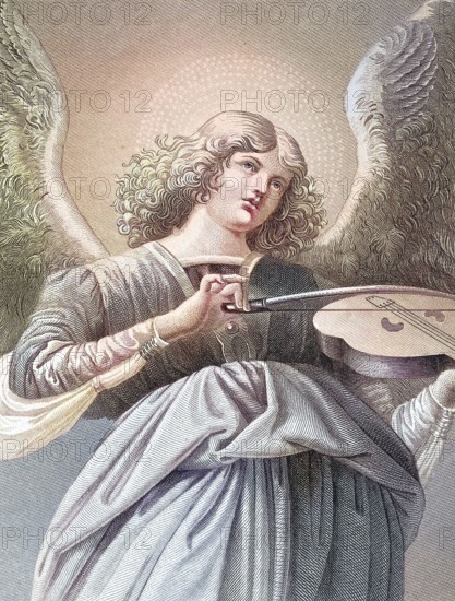 Musician angel with a violin. An angel with curly hair playing the violin. surrounded by a heavenly glow. Renaissance style. after a painting by Melozzo da Forli. digitally restored reproduction of an old original. Historical. exact date unknown