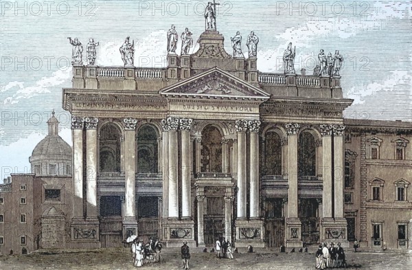 The Lateran Basilica around 1850. Italian Basilica San Giovanni in Laterano. is the cathedral of the Diocese of Rome. one of the seven pilgrimage churches and the highest-ranking of the four papal basilicas of Rome. Italy. digitally restored reproduction of an old original. historical. exact date unknown