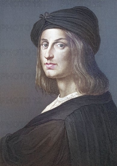 Raffaello Sanzio da Urbino. also Raffael da Urbino. Raffaello Santi. Raphael (born 6 April or 28 March 1483. died 6 April 1520 in Rome). Italian painter and architect. digitally restored reproduction of an old original. historical. exact date unknown
